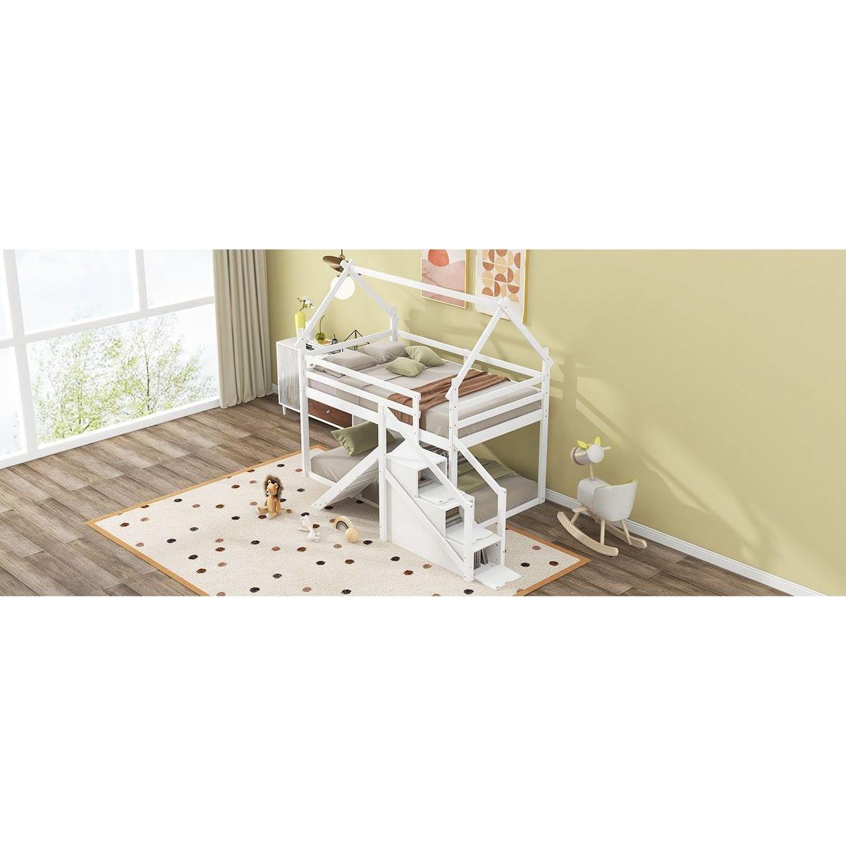 Twin over Twin House Loft or Bunk Bed with Slide and Staircase, White