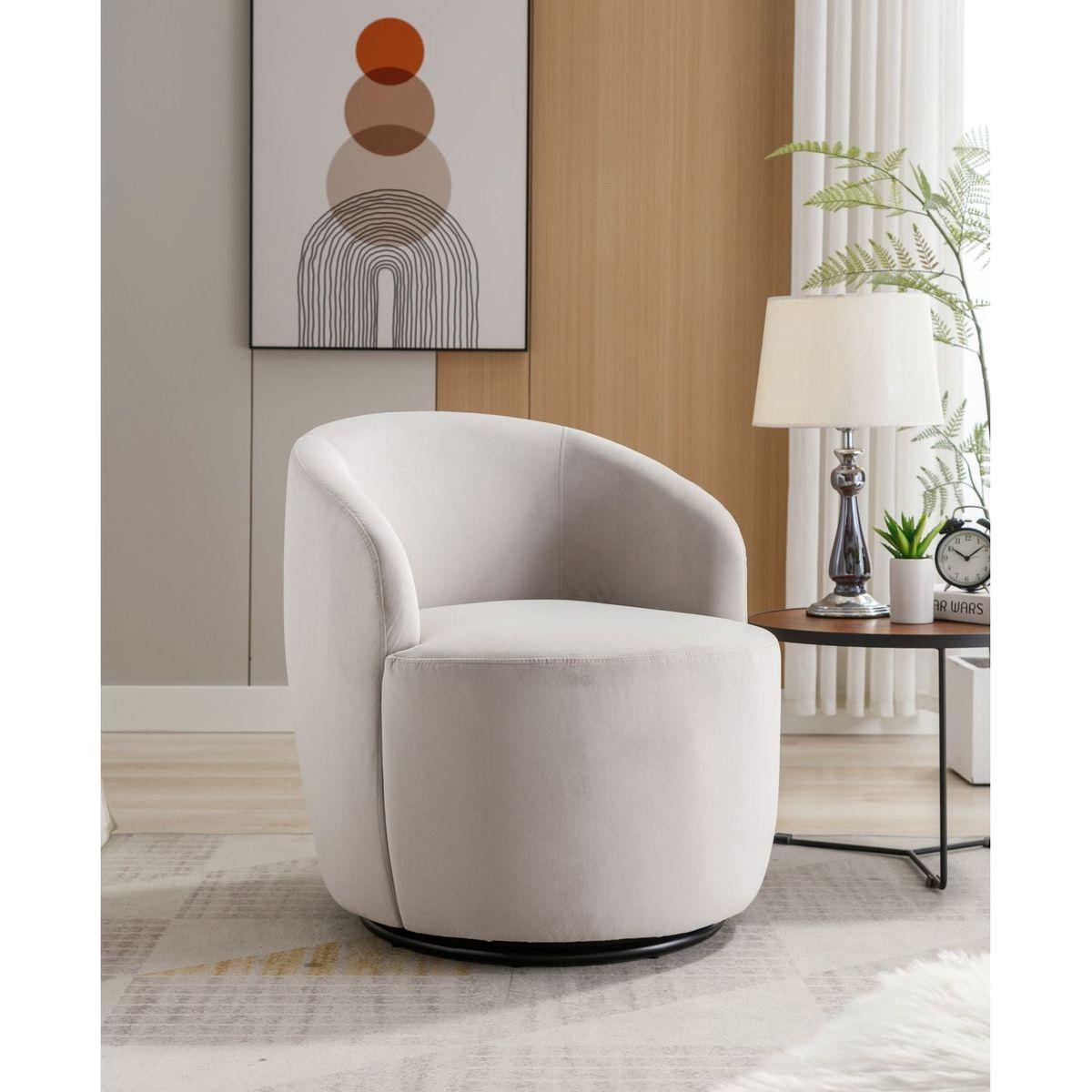 Velvet Fabric Swivel Accent Armchair Barrel Chair With Black Powder Coating Metal Ring,Gray