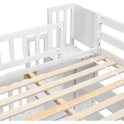 Full Size Loft Bed with Built-in Desk, Bookshelves and Storage Staircase,White