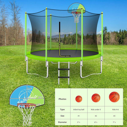 10FT Trampoline for Kids with Safety Enclosure Net, Basketball Hoop and Ladder, Easy Assembly Round Outdoor Recreational Trampoline