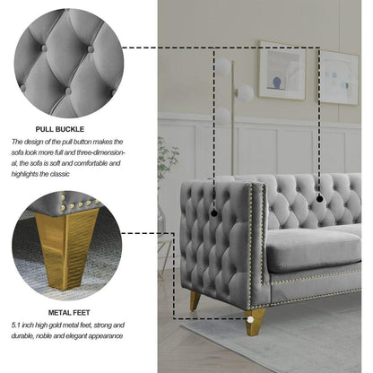 Velvet Sofa for Living Room,Buttons Tufted Square Arm Couch, Modern Couch Upholstered Button and Metal Legs, Sofa Couch for Bedroom, Grey Velvet .2PCS