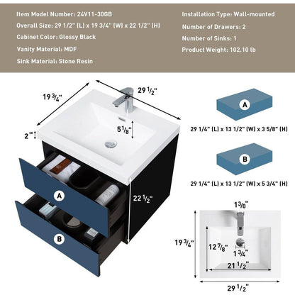 30" Floating Bathroom Vanity with Sink, Modern Wall-Mounted Bathroom Storage Vanity Cabinet with Resin Top Basin and Soft Close Drawers, Glossy Black