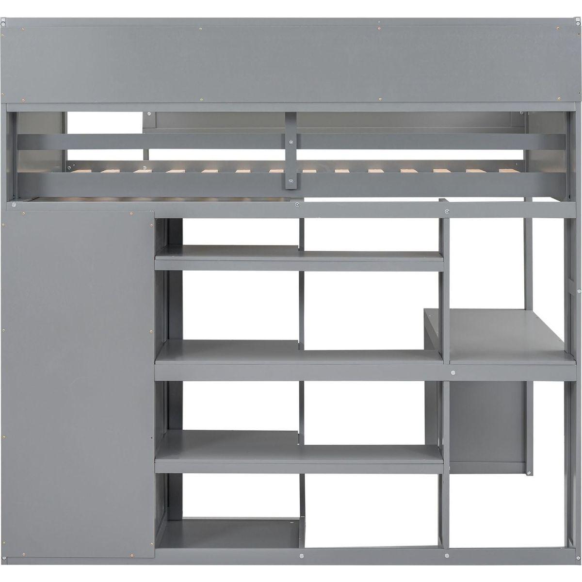 Wood Twin Size Loft bed with Multiple Storage Shelves and Wardrobe, Gray