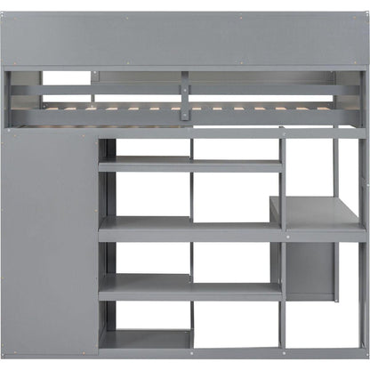 Wood Twin Size Loft bed with Multiple Storage Shelves and Wardrobe, Gray