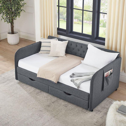 Twin Size Upholstery Daybed with Trundle Bed and Two Storage Drawers, Flat Arms with Pocket, Extendable Daybed for Bedroom Living Room,Linen Dark Gray
