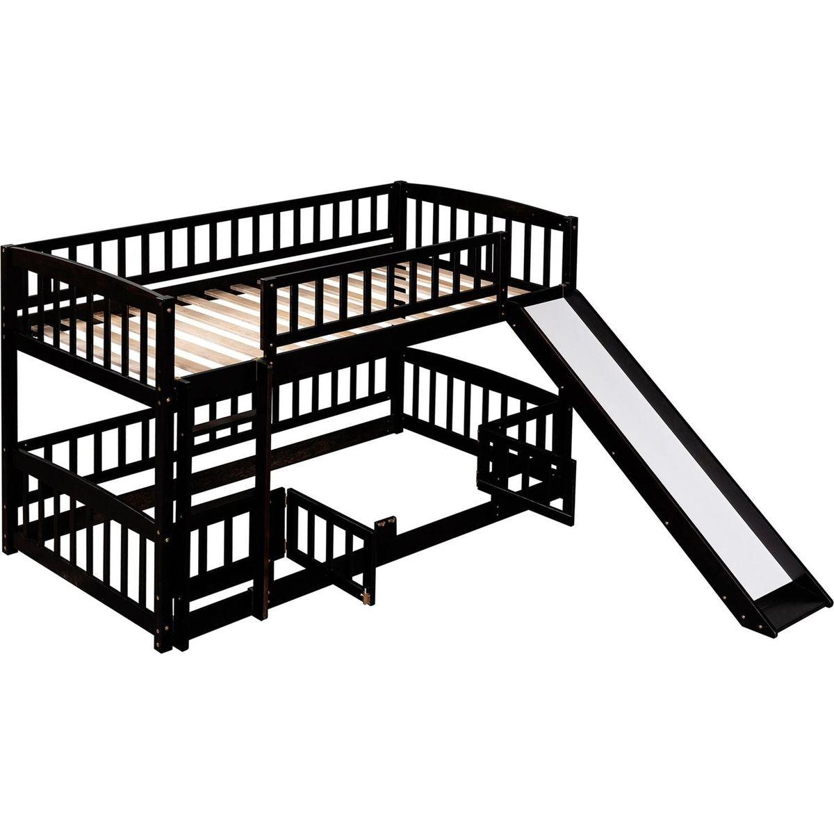 Bunk Bed with Slide,Twin Over Twin Low Bunk Bed with Fence and Ladder for Toddler Kids Teens Espresso