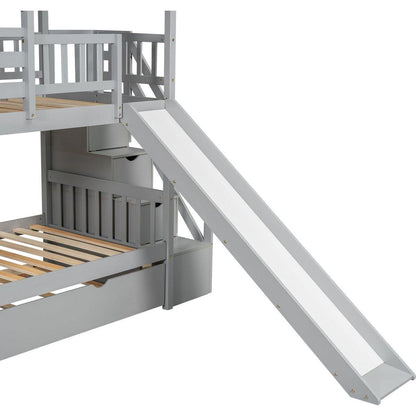 Twin over Twin House Bunk Bed with Trundle and Slide, Storage Staircase, Roof and Window Design, Gray
