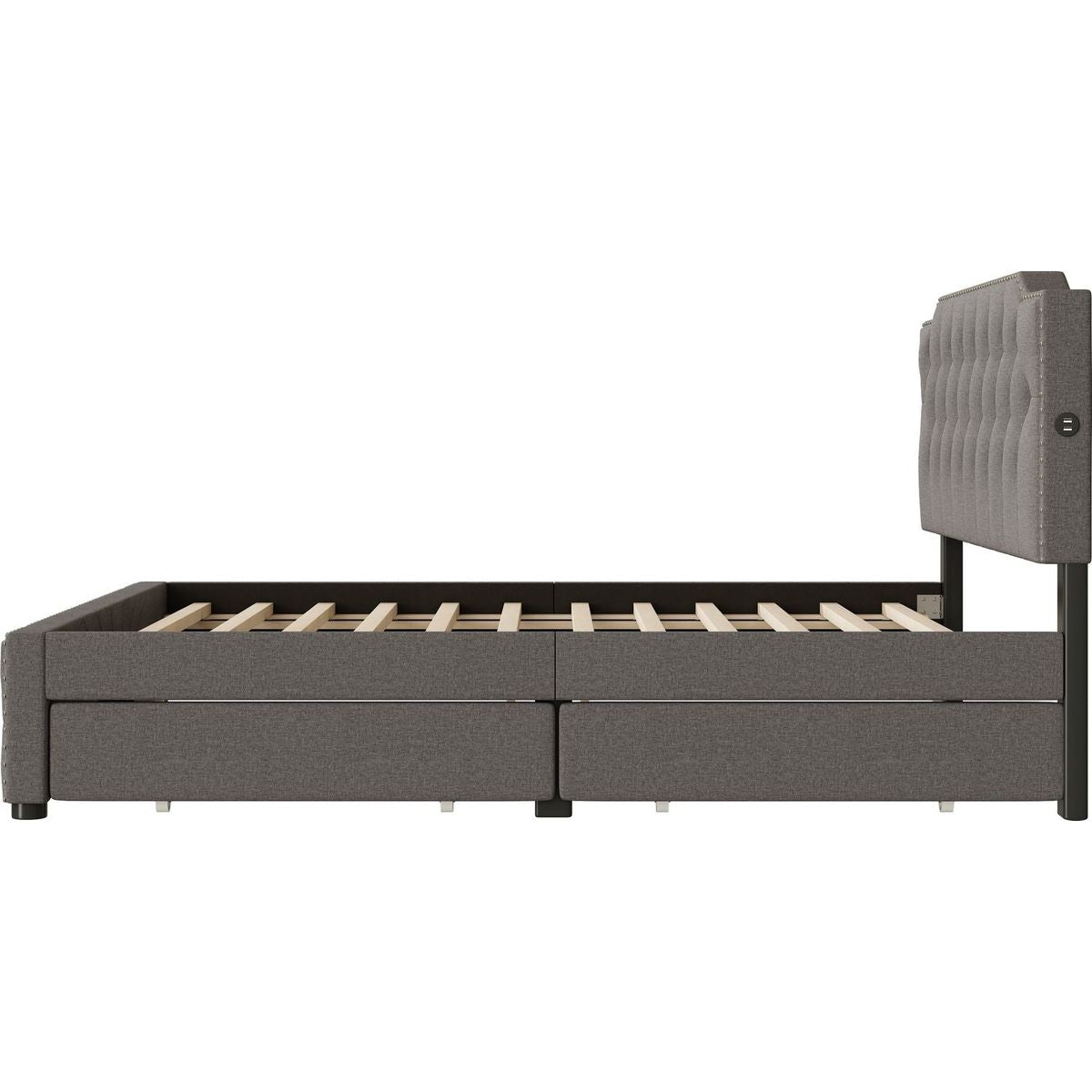 Queen Size Upholstered Platform Bed with 2 Drawers and 2 sets of USB Ports on each side, Linen Fabric, Gray