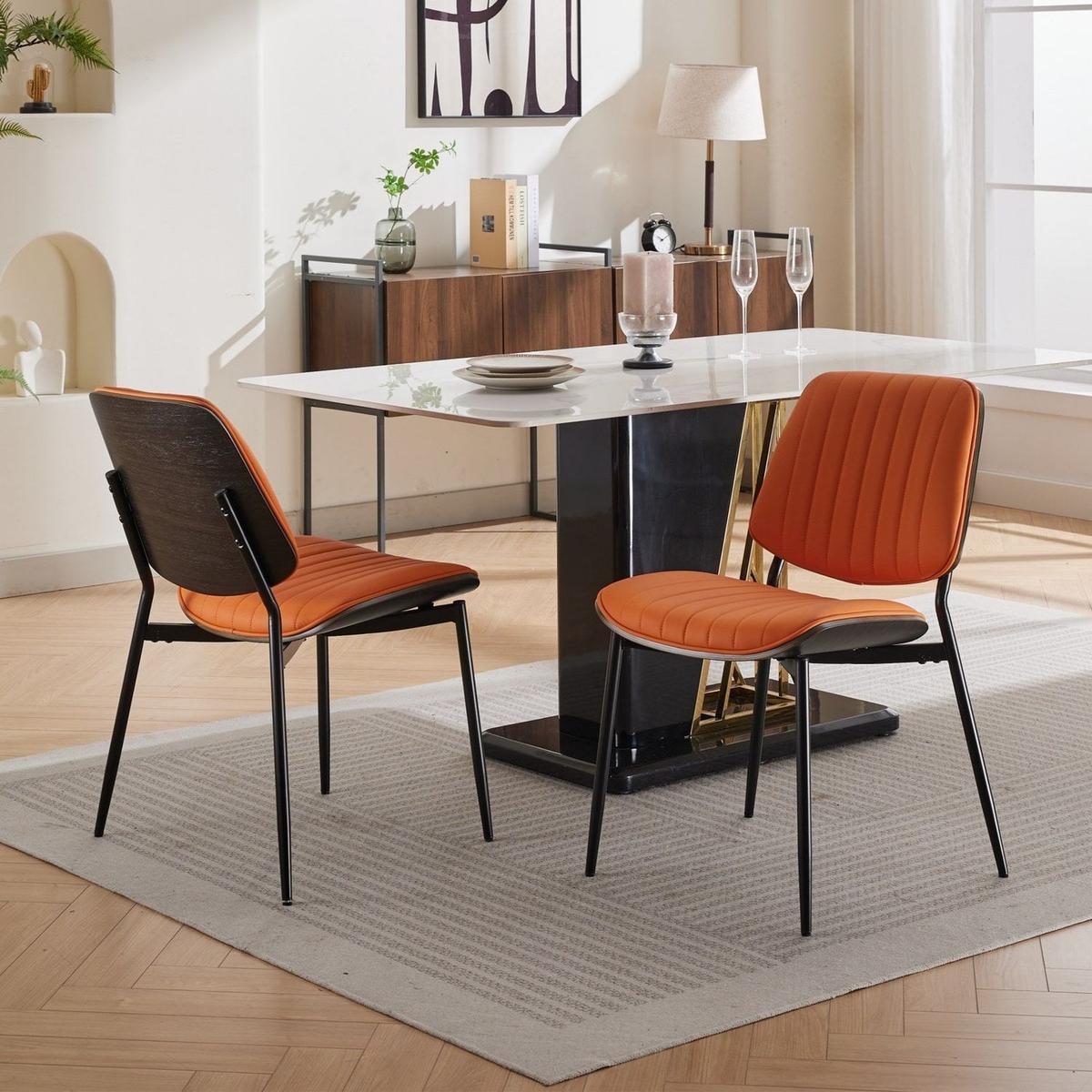 Dining Chairs Set of 2 Mid Century Modern Retro Faux Leather Chair with Walnut Bentwood Back Upholstered Seat Metal Legs Adjustable Foot for Kitchen Dining Room Chairs(Orange PU)