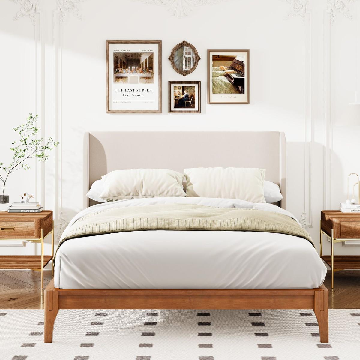 Queen Size Solid Dry Bamboo Wood 12 Inch Platform Bed, with 48" Upholstered High Headboard, Easy Assembly - Streamdale Furniture