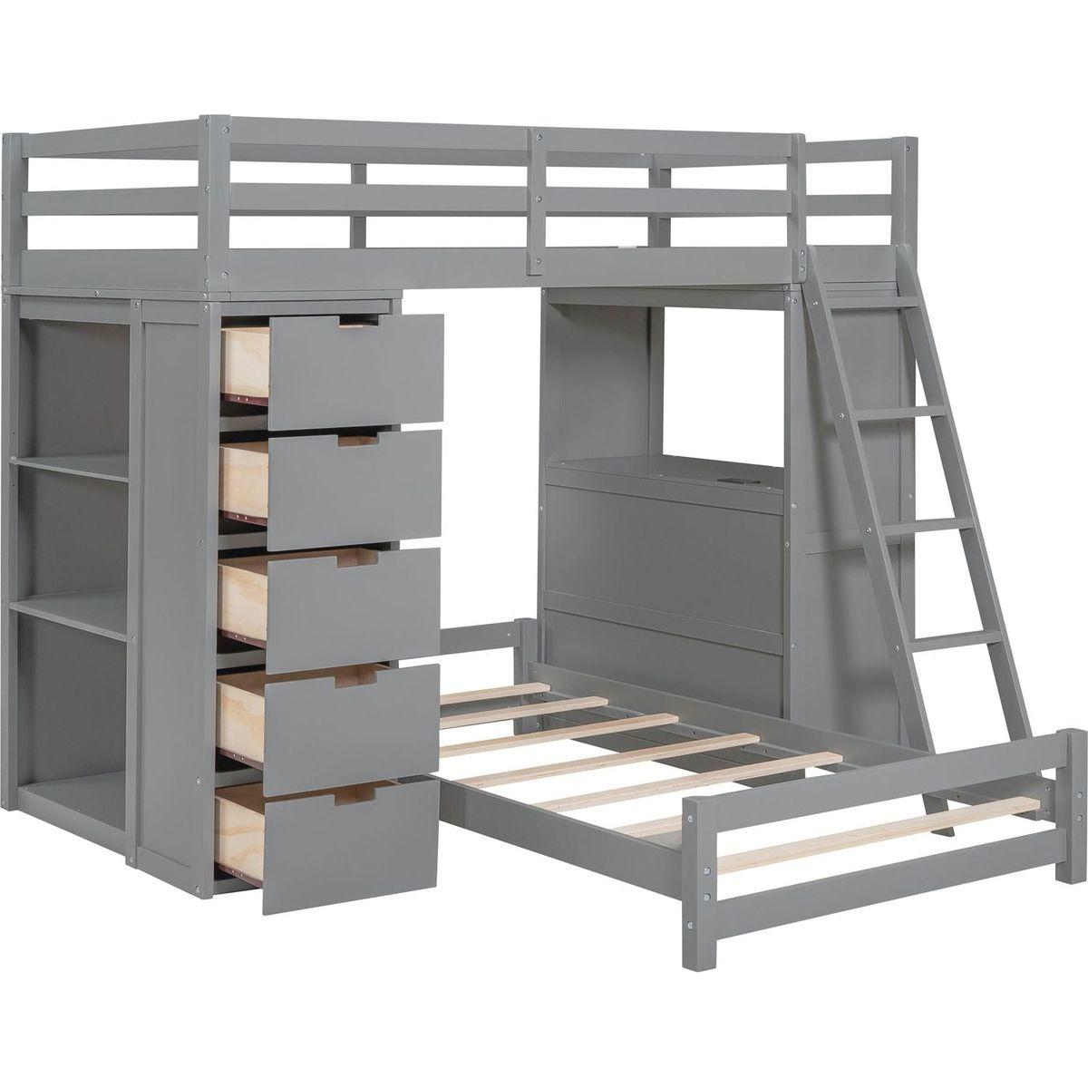 Twin over Twin Bunk Bed with LED Light and USB Ports, Gray