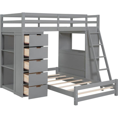 Twin over Twin Bunk Bed with LED Light and USB Ports, Gray