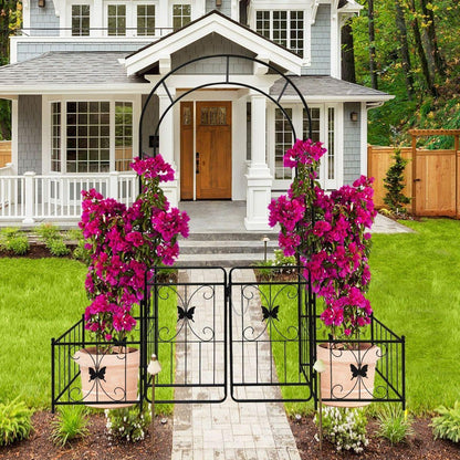 Metal Garden Arch with Gate 79.5" Wide x 86.6" High Climbing Plants Support Rose Arch Outdoor Black