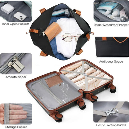 Front Opening 20-Inch Carry-On Luggage with Expandable Travel Bag Set, ABS Hard Shell Two-piece suitcase set with USB Port, Cup Holder, black and brown