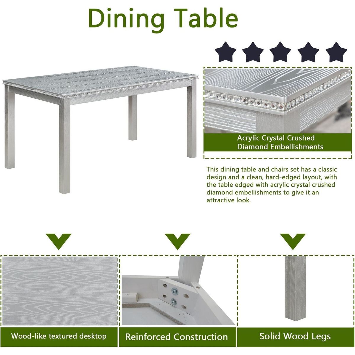 Wooden Dining Rectangular Table with Bench, Kitchen Table with Bench for Small Space, 6 Person Dining Table, Silver grey