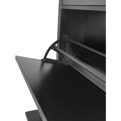 Functional Entryway Organizer with 2 Flip Drawers, Wood Grain Pattern Top Shoe Cabinet with Drawer, Free Standing Shoe Rack with Adjustable Panel for Hallway, Black