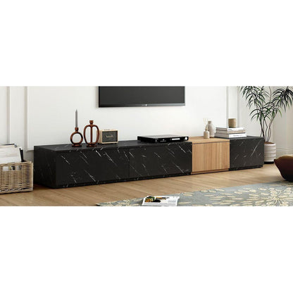 TV Stand with Faux Marble and Walnut Wood Grain Finish for TVs up to 88", Modern Free-Combination Entertainment Center with 4 Storage Drawers for Living Room, Black