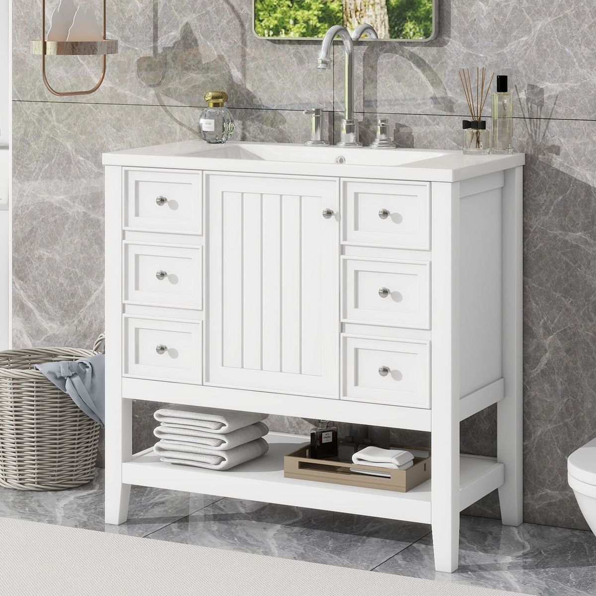 36" Bathroom Vanity with Sink Combo, One Cabinet and Three Drawers, Solid Wood and MDF Board, White