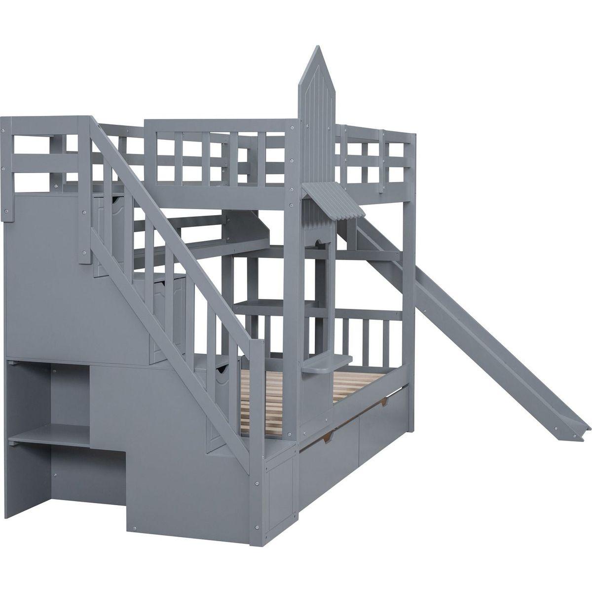 Twin-Over-Twin Castle Style Bunk Bed with 2 Drawers 3 Shelves and Slide - Gray