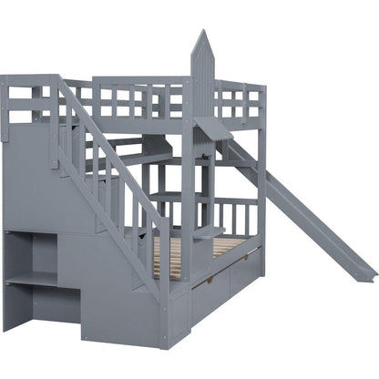 Twin-Over-Twin Castle Style Bunk Bed with 2 Drawers 3 Shelves and Slide - Gray