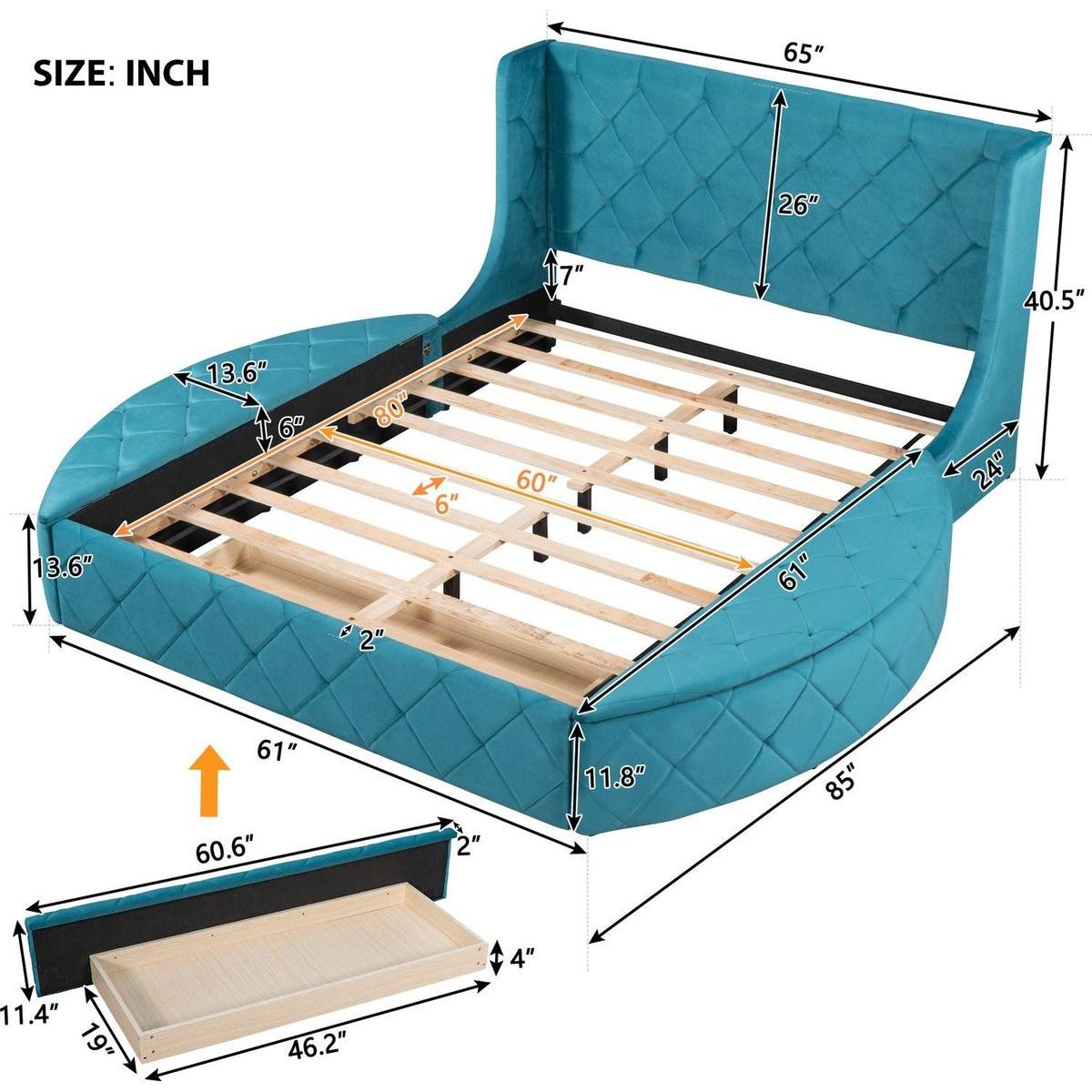 Upholstered Platform Bed Queen Size Storage Velvet Bed with Wingback Headboard and 1 Big Drawer,2 Side Storage Stool(Blue)