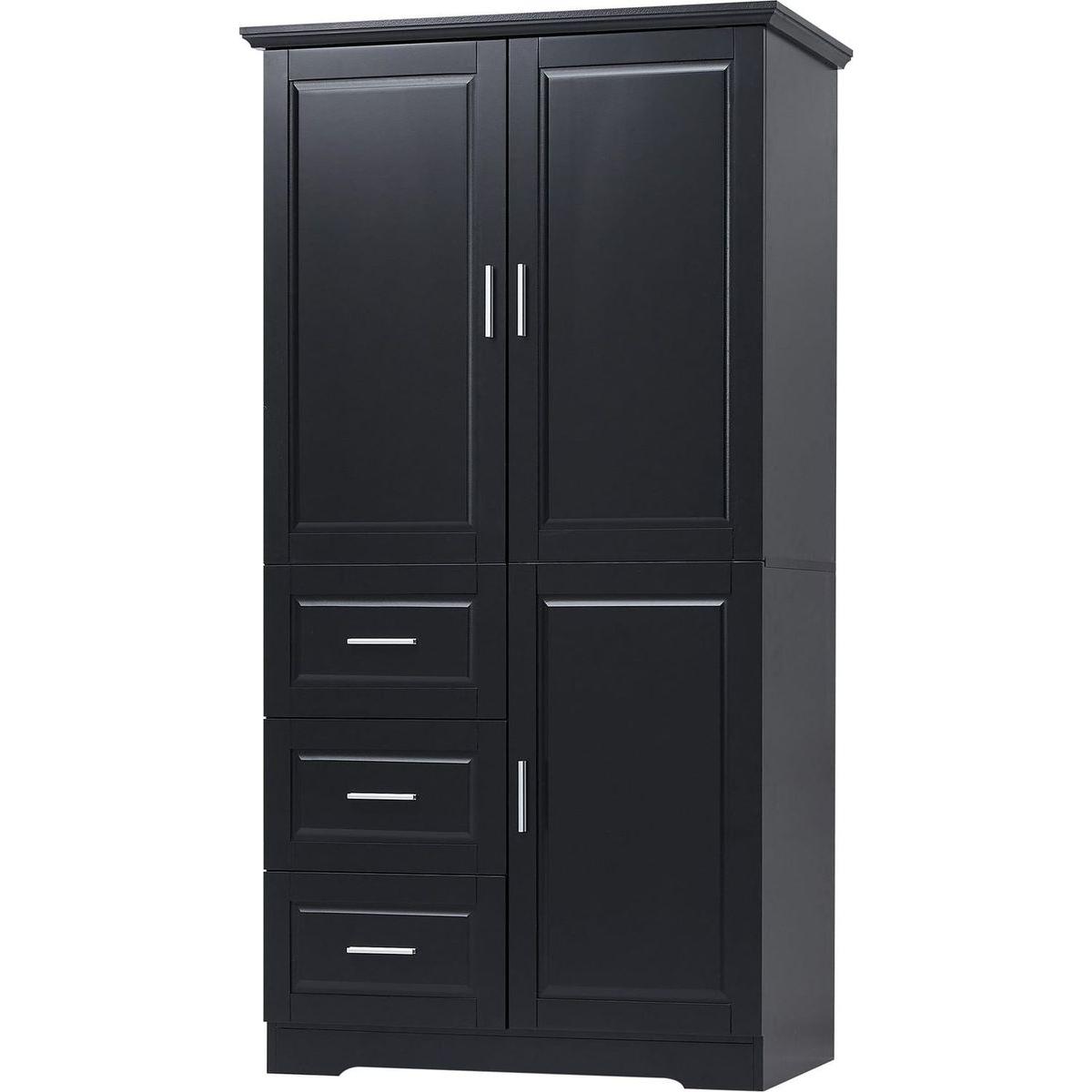 Tall and Wide Storage Cabinet with Doors for Bathroom/Office, Three Drawers, Black