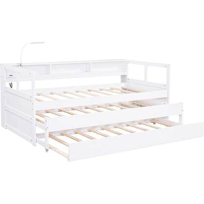Twin XL Wood Daybed with 2 Trundles, 3 Storage Cubbies, 1 Light for Free and USB Charging Design, White