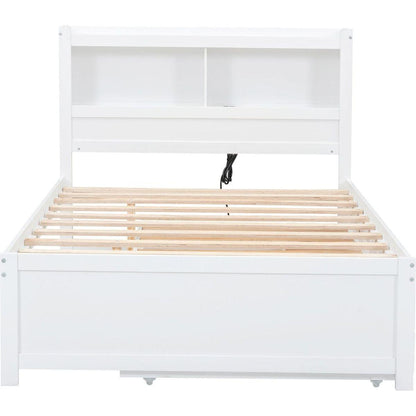 Full Size platform bed with trundle, drawers and USB plugs, White