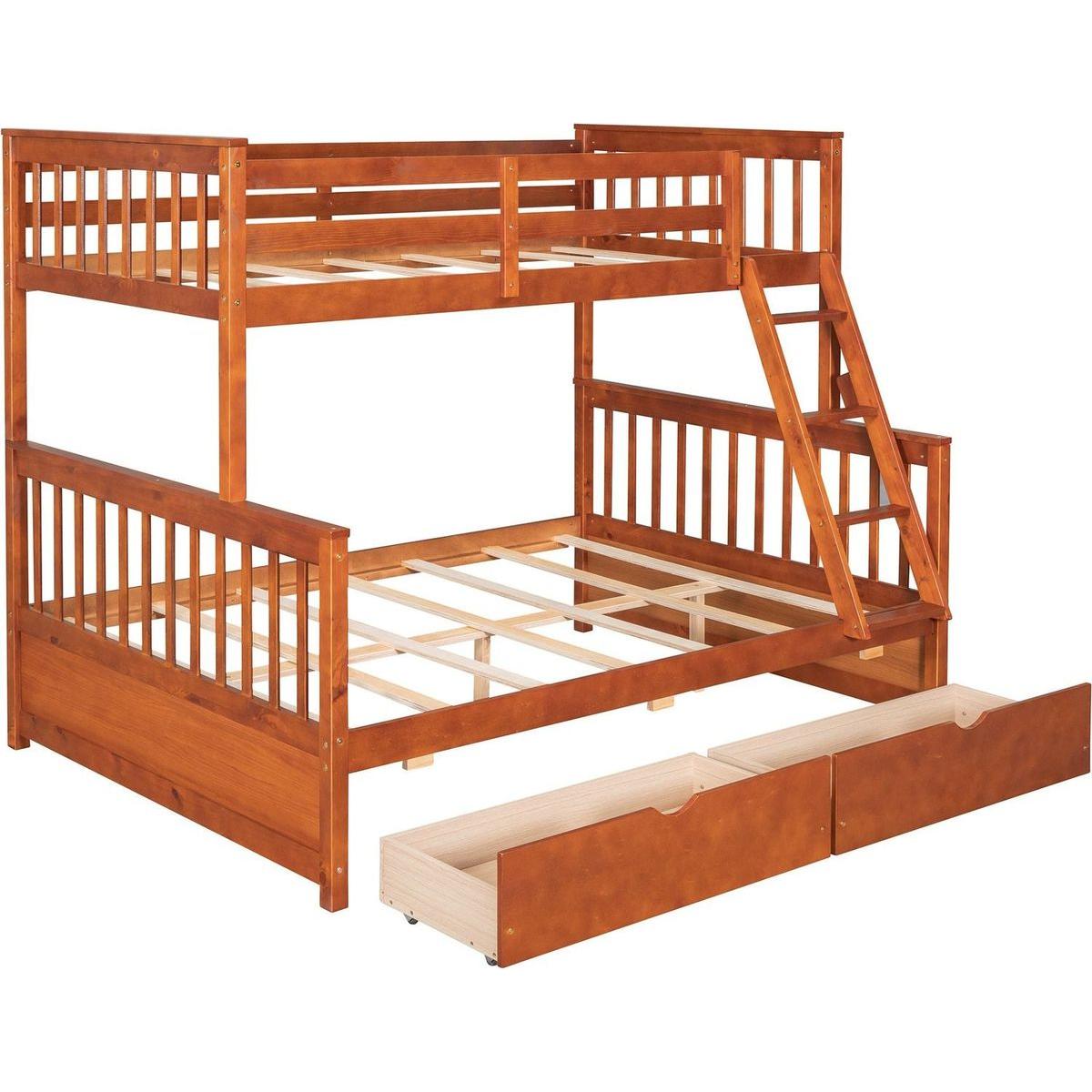 Twin-Over-Full Bunk Bed with Ladders and Two Storage Drawers (Walnut) { o