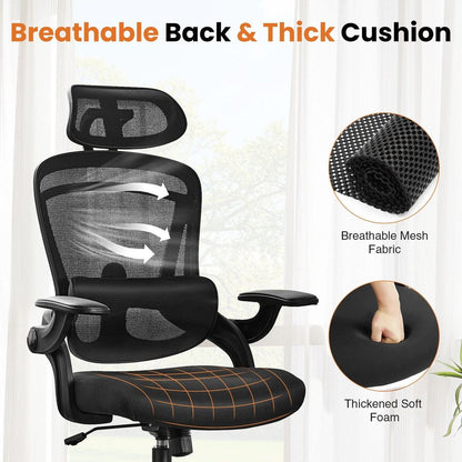 High Back Desk Chair with Adjustable Lumbar Support & Headrest,Comfortable Mesh Computer Chair with Soft Flip Up Arms, Adjustable Height and 120Tilt,Black