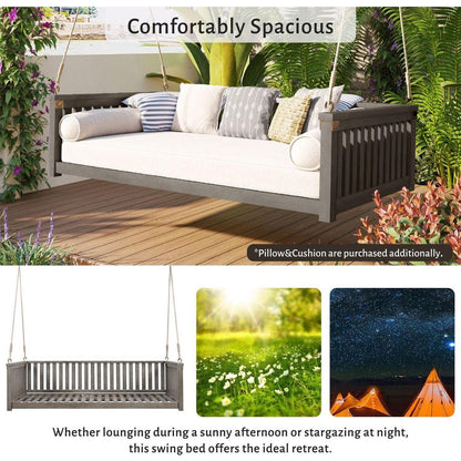 Patio Minimalist Twin Size Garden Swing Bed Wood Porch Swing with Ropes for Backyard, Safe Sloped Design, Gray