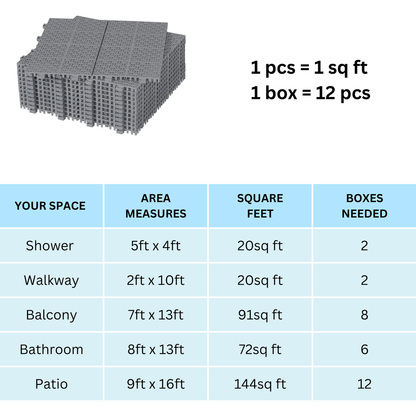 12 x 12 Inch Gray Interlocking Deck Tiles Plastic Waterproof Outdoor All Weather Anti-slip Bathroom Shower Balcony Porch Strong Weight Capacity Upto 6613 LBS, Rosette Pattern Pack of 12
