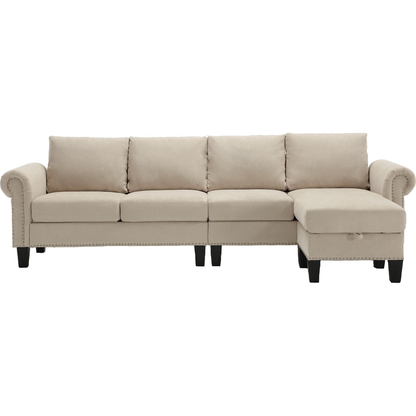 Convertible Sectional Sofa with Storage,L-shaped sofa,Four-seater sofa,Modern Linen Fabric Sectional Couches for Living Room, Beige