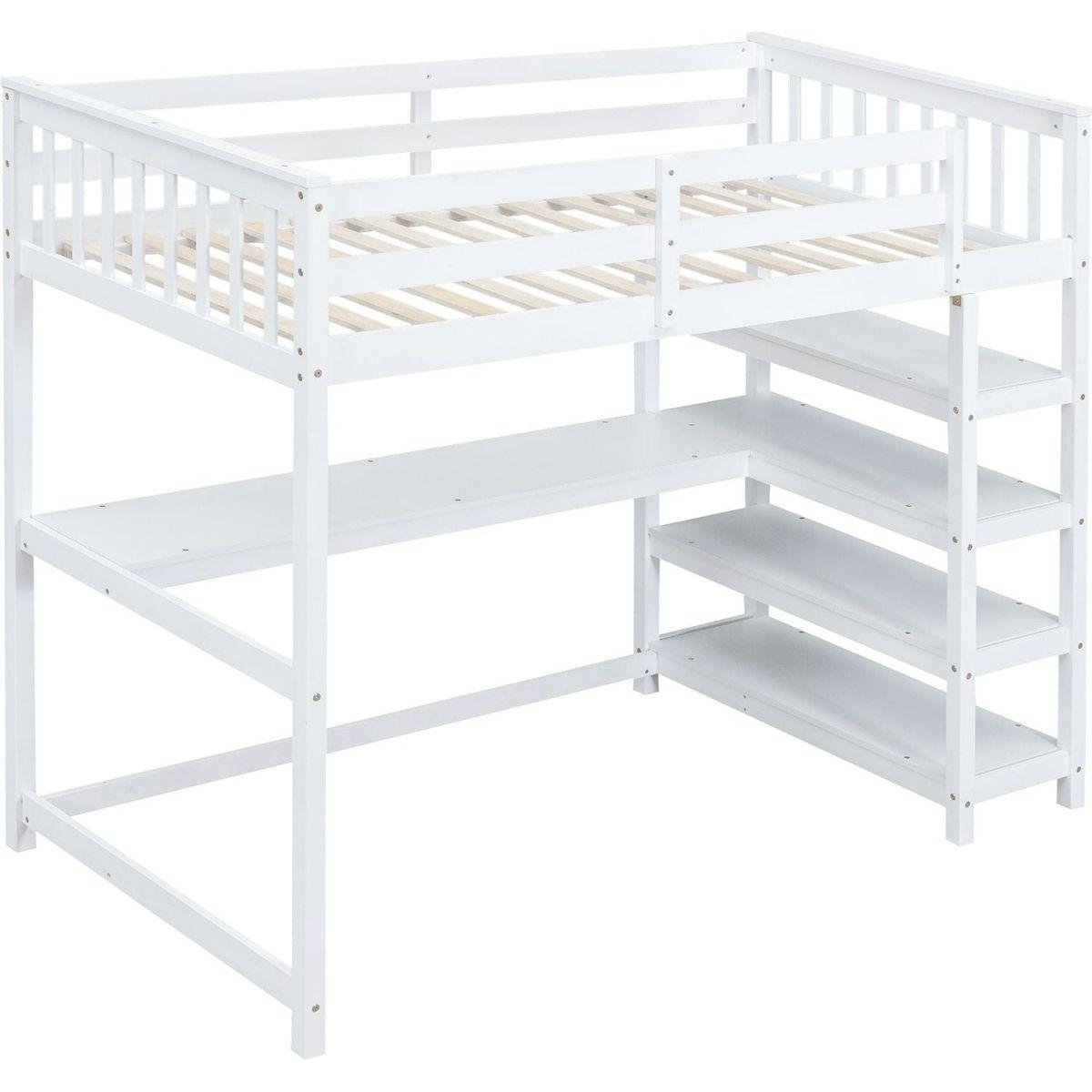 Twin Size Loft Bed with Storage Shelves and Under-bed Desk, White