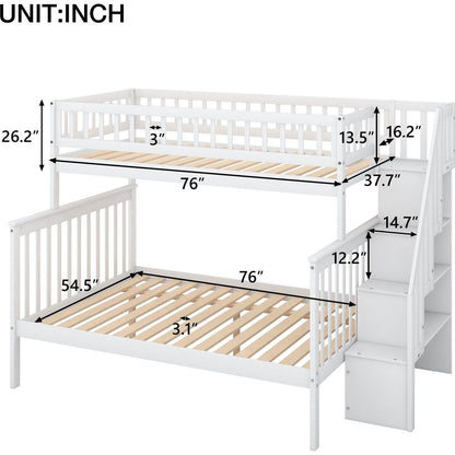 Twin over Full Stairway Bunk Bed with storage, White