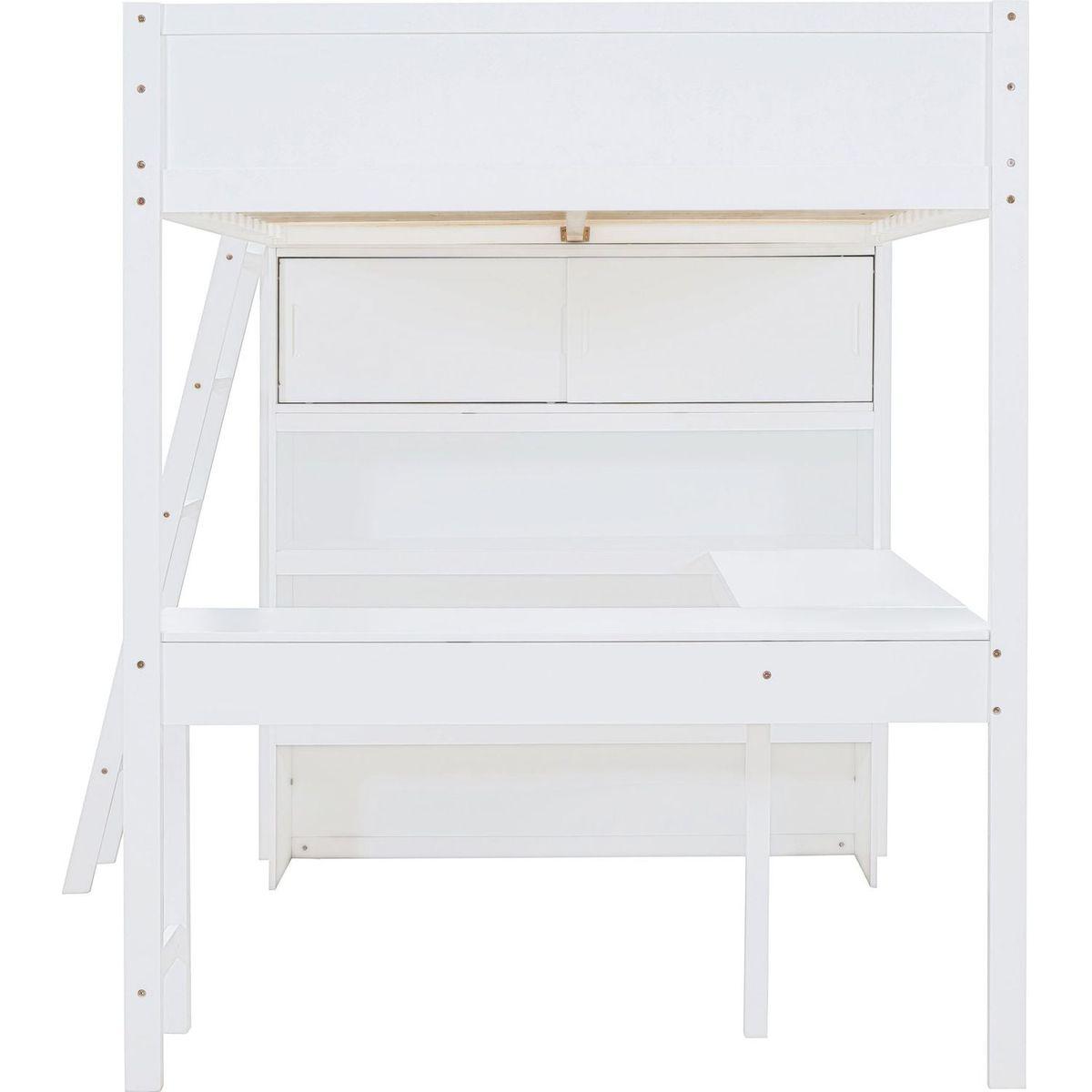 Full Size Loft Bed with Desk and Shelf - White