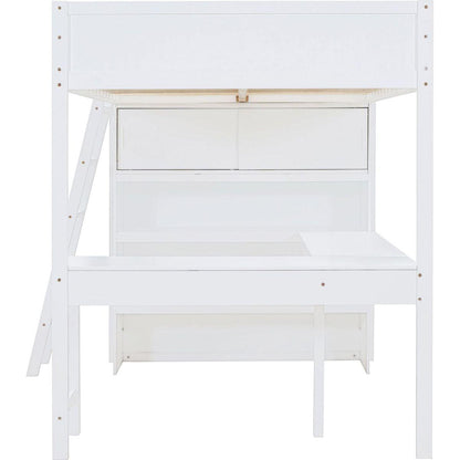 Full Size Loft Bed with Desk and Shelf - White