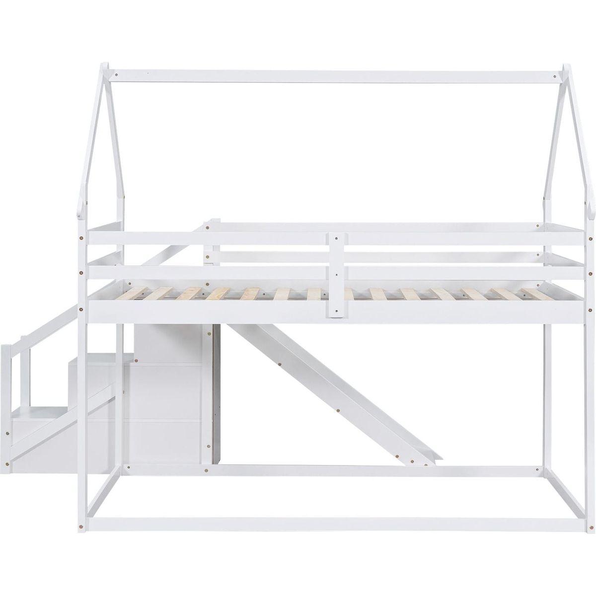 Twin over Twin House Loft or Bunk Bed with Slide and Staircase, White