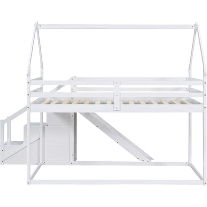 Twin over Twin House Loft or Bunk Bed with Slide and Staircase, White