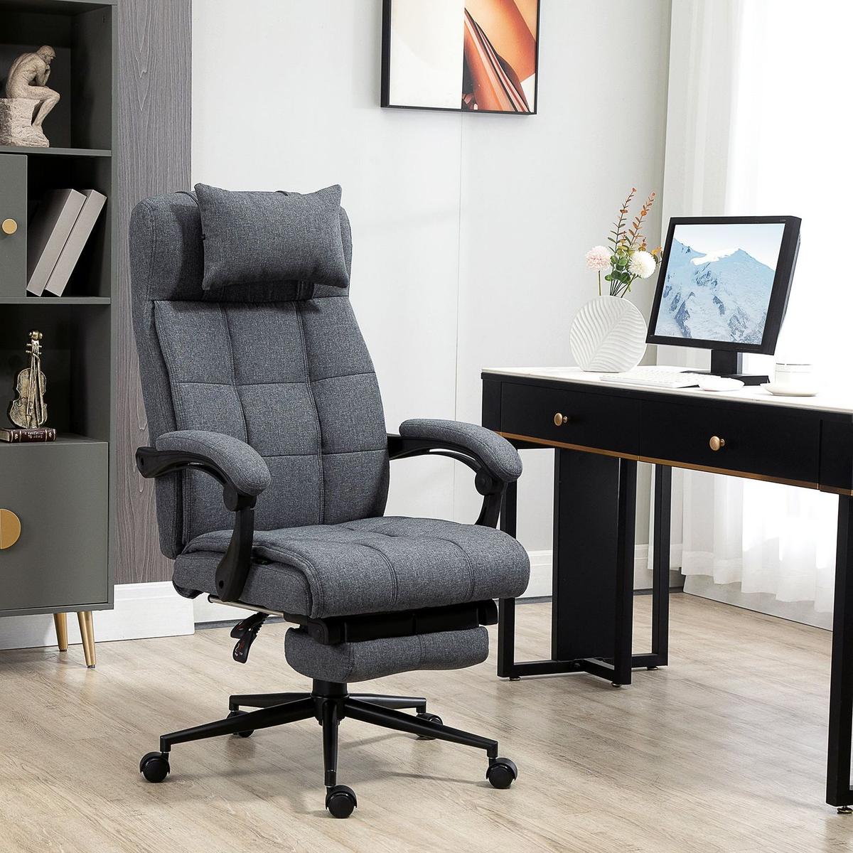 Executive Linen-Feel Fabric Office Chair High Back Swivel Task Chair with Adjustable Height Upholstered Retractable Footrest, Headrest and Padded Armrest, Dark Grey