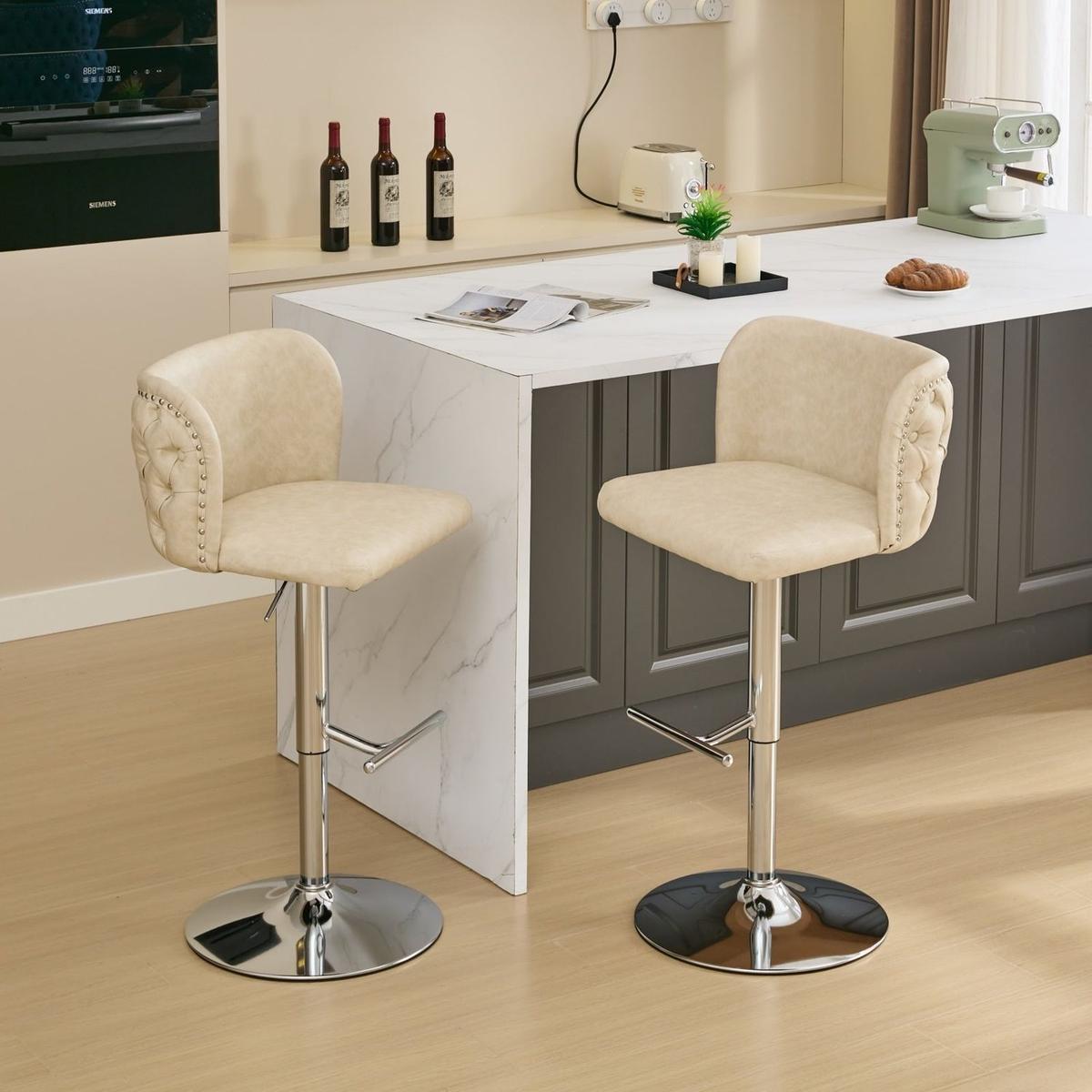Swivel Barstools Adjusatble Seat Height With Chrome Base, Modern PU Upholstered Bar Stools with the whole Back Tufted, for Home Pub and Kitchen Island,Beige, Set of 2