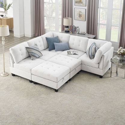 L shape Modular Sectional Sofa,DIY Combination,includes Three Single Chair, Two Corner and Two Ottoman,Ivory Chenille