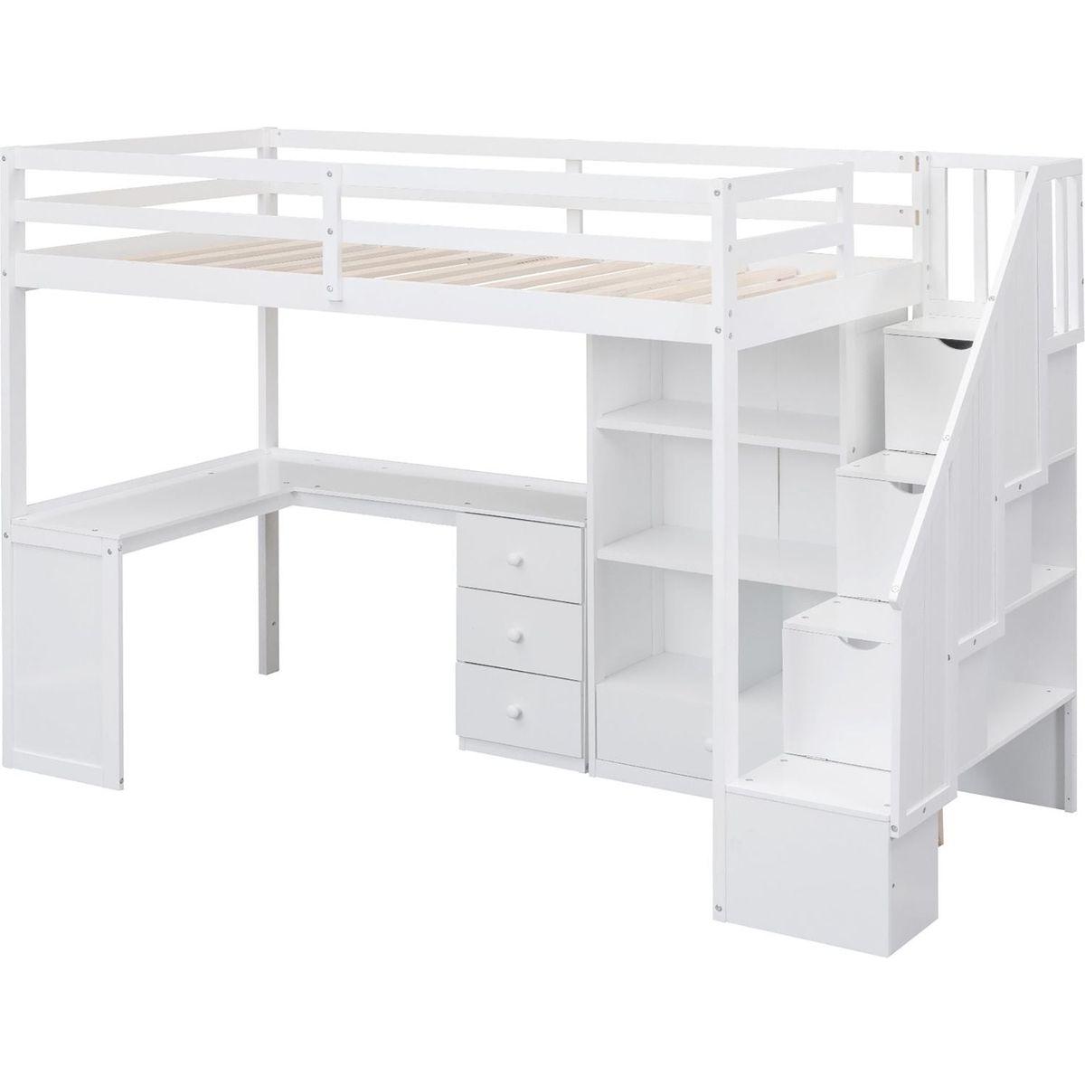 Twin Size Loft Bed with L-Shaped Desk and Drawers, Cabinet and Storage Staircase, White