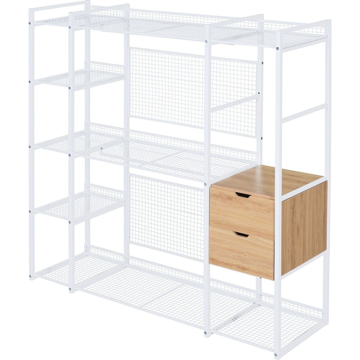 Open-Style Wardrobe with Hanging Rails, Shelves and Drawers, White