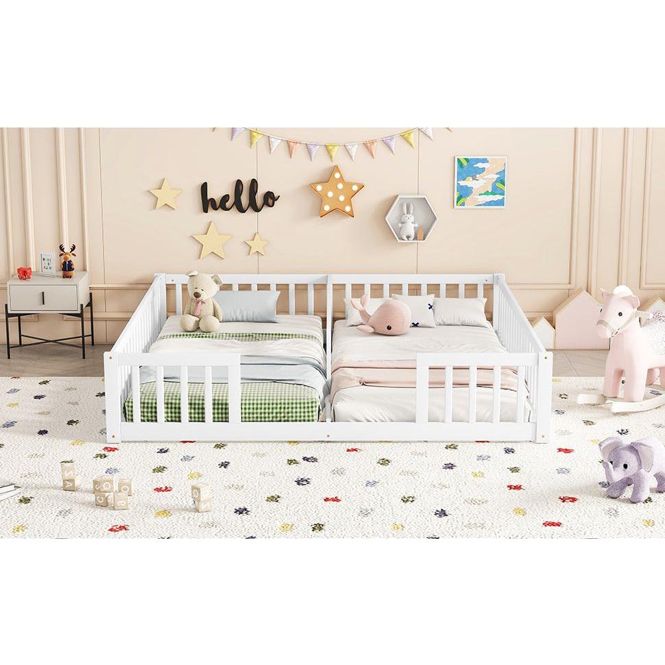 Double Twin Floor Bed with Fence, Guardrails, without door, White