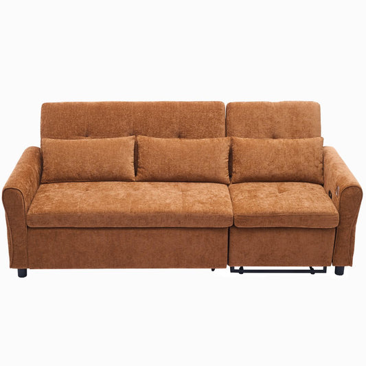 2-in-1 Sofa 82' Three-seater Sofa with Sofa Bed and Reversible Recliner, Orange Chenille