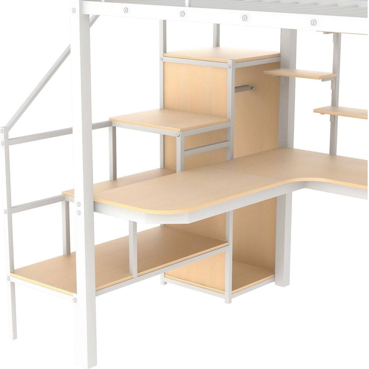Full Size Metal Loft Bed with Storage Staircase and Small Wardrobe, Built-in Desk and Storage Shelves, White