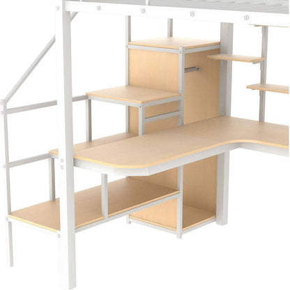 Full Size Metal Loft Bed with Storage Staircase and Small Wardrobe, Built-in Desk and Storage Shelves, White