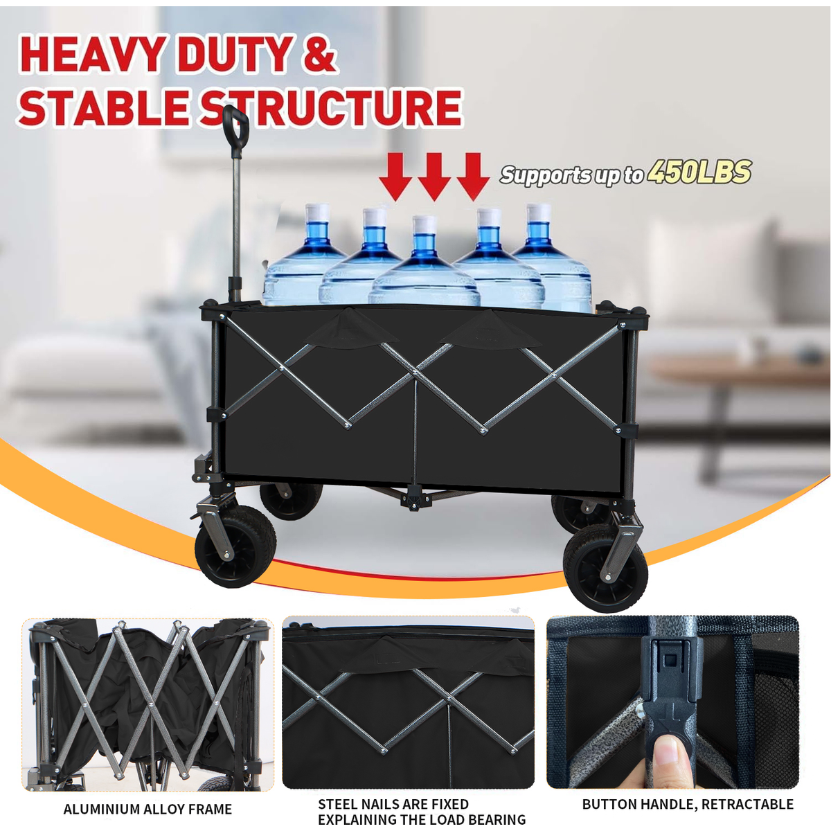 Collapsible Folding Wagon, Push Pull Foldable Beach Wagon Cart