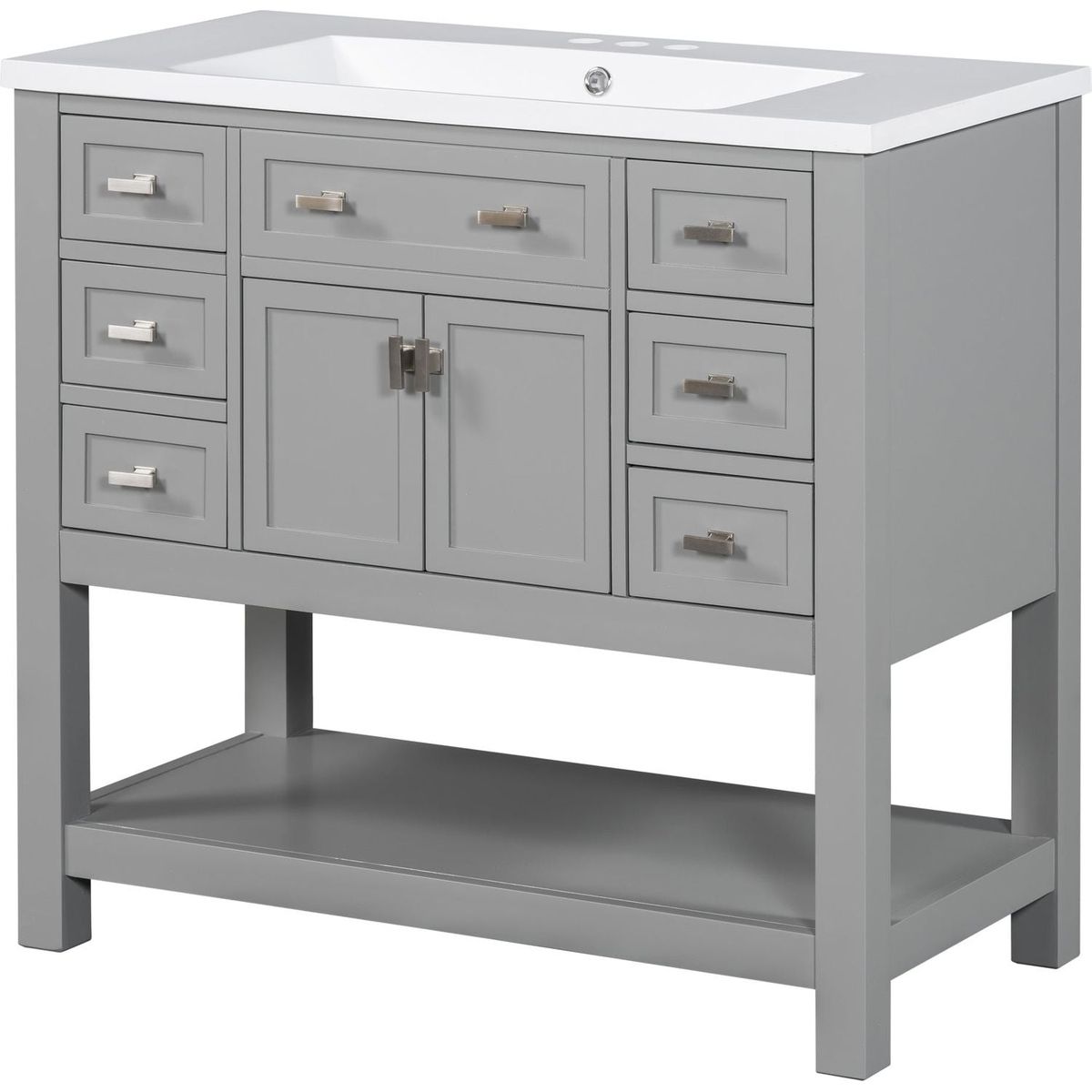 36" Bathroom Vanity with Top Sink, Modern Mirror Cabinet with Towels Bar, Bathroom Storage Cabinet with 2 Soft Closing Doors and 6 Drawers, Single Sink Bathroom Vanity